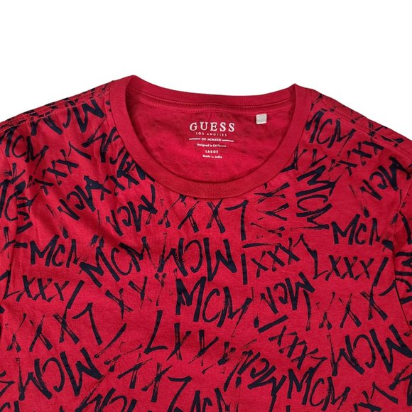 Guess Shirt Men Large 90s Red All Over Print Logo Retro Spell Out Printed - Picture 5 of 8